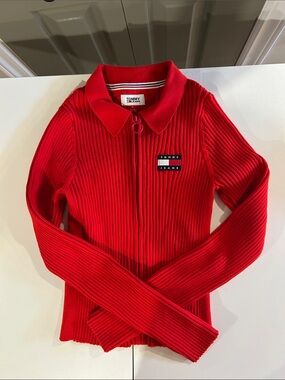 Tommy Hilfiger Red Ribbed Polo Zip Cardigan with Flag Patch